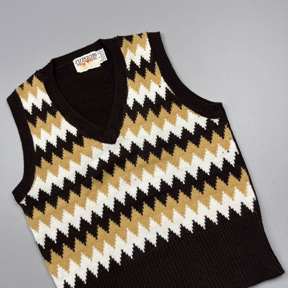 Junior House Sweater Vest Kids Size M Brown Zig Zag Chevron Knit V-Neck Vintage